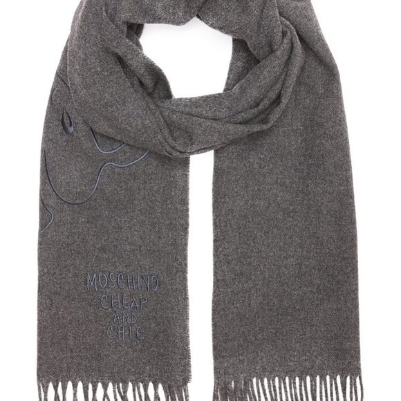 MOSCHINO Olive Oil Embroidery Wool Scarf